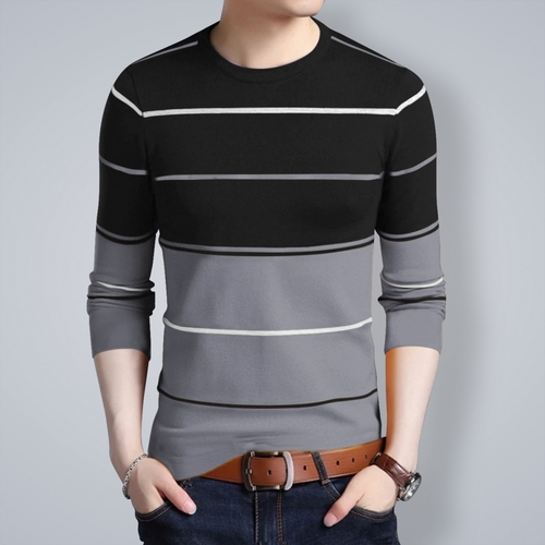 Men's Round Neck Full Sleeve Grey T-Shirt - Cotton, Sizes S-XXL, Color: Grey and Striped Pattern, Long Sleeves | Slim Fit Design for Modern Men