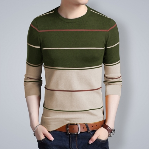 Men Round Neck Striped Beige T-Shirt - Cotton Sizes S-XXL Color Beige Olive Tan Long Sleeves | Slim Fit Design Environmentally Conscious Manufacturing