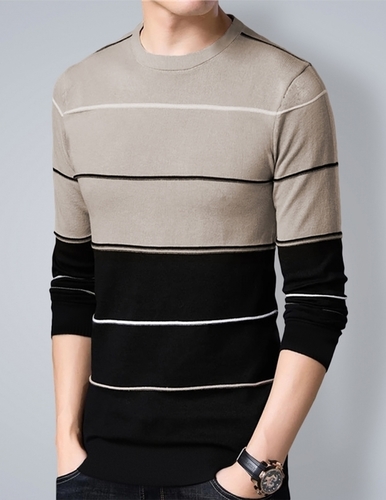Men Round Neck Black Striped T-Shirt - Cotton S-XXL Black Stone White Color Long Sleeves O-Neck Style Slim Fit Design