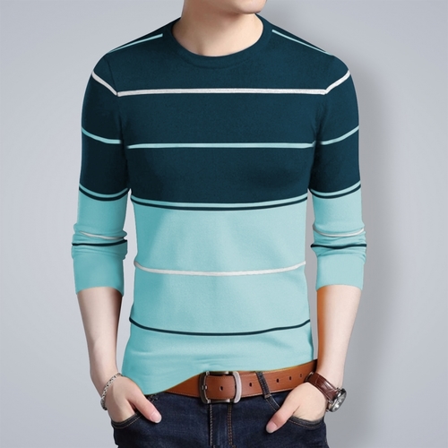 Men Round Neck Striped Sky Blue T-Shirt - Cotton Sizes S to XXL Color: Sky Blue Teal Blue White Long Sleeves O-Neck Slim Fit