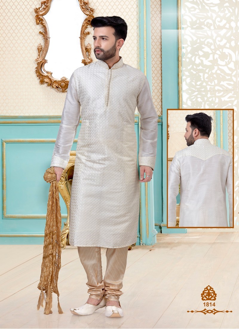 Designer Dupion Silk Festive Wear Kurta With Dhoti Mens Wear Catalog Collection