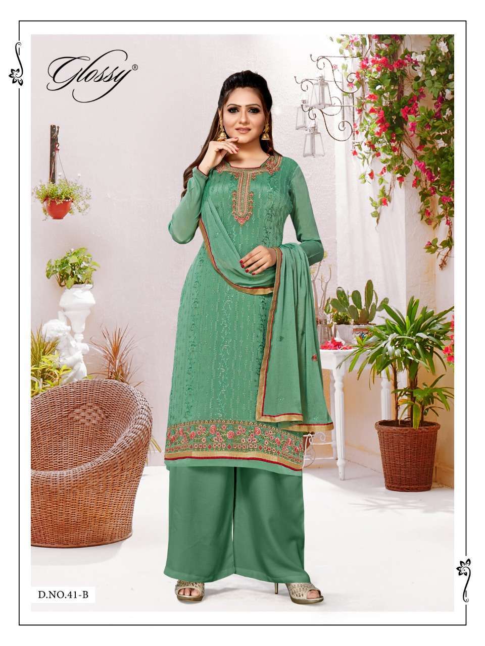 Glossy Noor Pure Viscose Chinon Embroidery Work Designer Suit Catalog