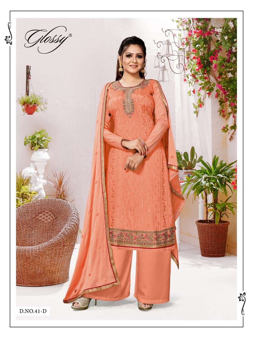 Glossy Noor Pure Viscose Chinon Embroidery Work Designer Suit Catalog