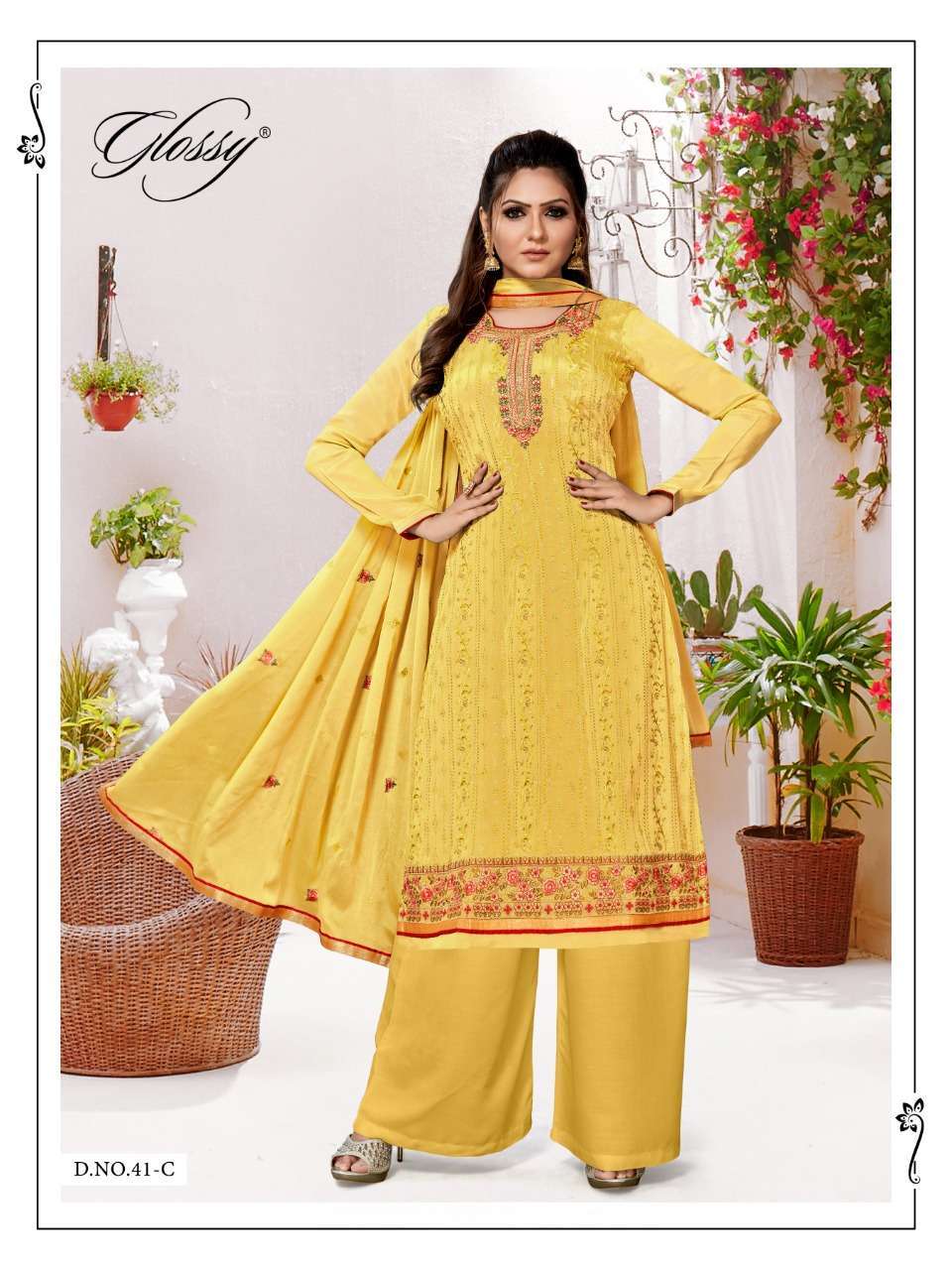 Glossy Noor Pure Viscose Chinon Embroidery Work Designer Suit Catalog