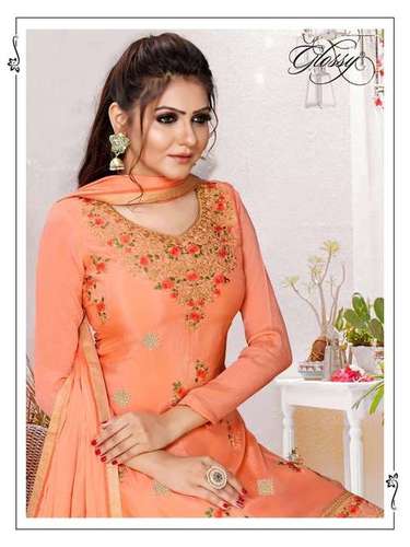 Glossy Nargish Pure Viscose Chinon Embroidery Work Designer Suit Catalog