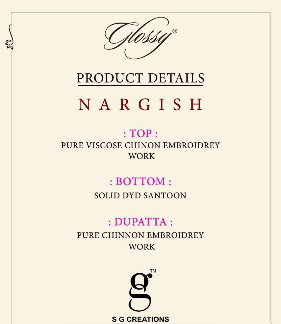 Glossy Nargish Pure Viscose Chinon Embroidery Work Designer Suit Catalog