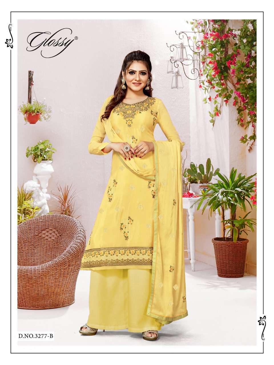 Glossy Nargish Pure Viscose Chinon Embroidery Work Designer Suit Catalog
