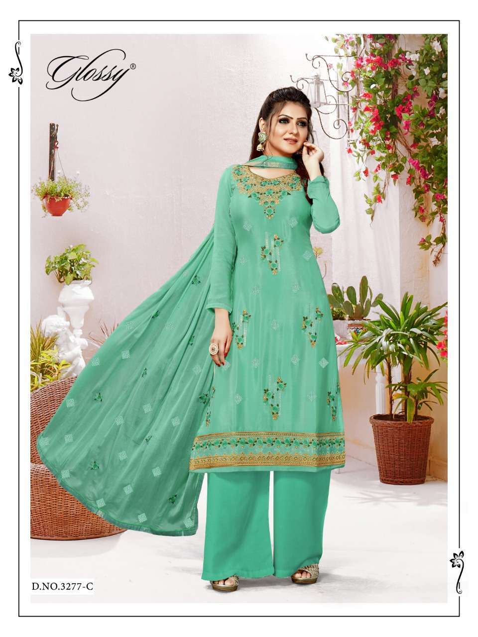 Glossy Nargish Pure Viscose Chinon Embroidery Work Designer Suit Catalog