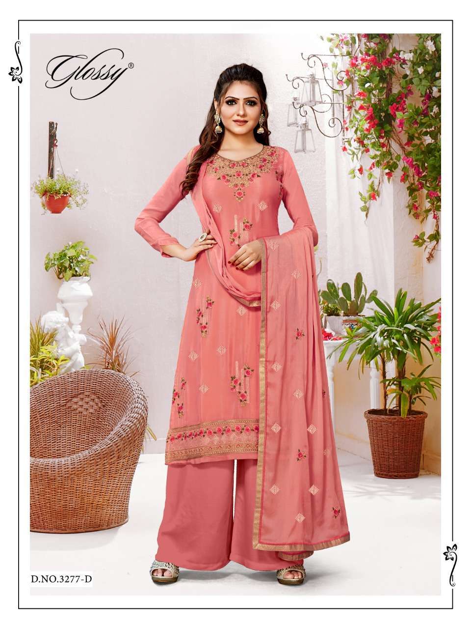 Glossy Nargish Pure Viscose Chinon Embroidery Work Designer Suit Catalog