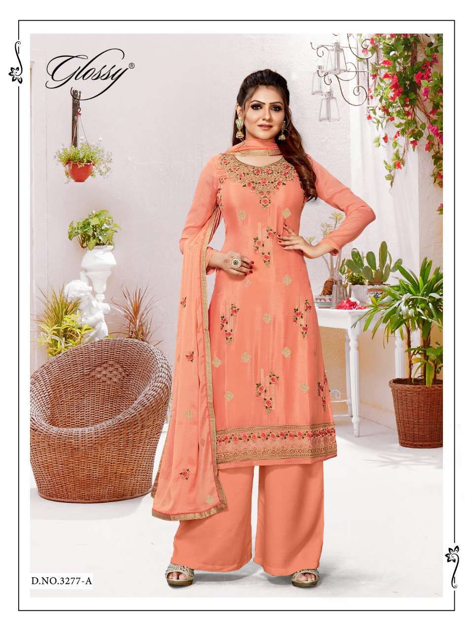 Glossy Nargish Pure Viscose Chinon Embroidery Work Designer Suit Catalog