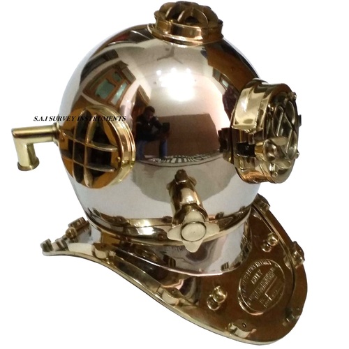 US Navy Chrome Diving Helmet with Brass Fitting Nautical Decorative Dives Helmet Mark V