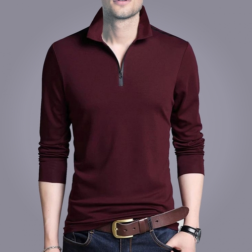 FULL SLEEVE T SHIRT with ZIP - Cotton Size L/M/S/XL/XXL Navy Melange Turtleneck Long Sleeves | Slim Fit Design for Men Asian Sizing