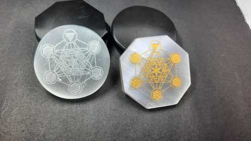 Selenite Disc with Metatron Chakra Platonic Engraving