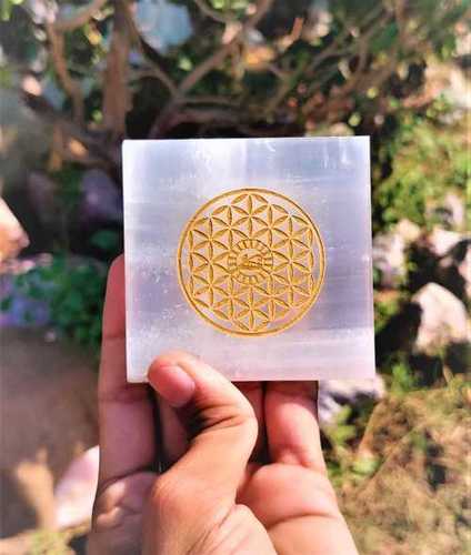 Selenite Round Plate w/ the Flower of Life Laser Etched Pattern Polished Grid Altar Stone for Charging Crystals By SAMAD AGATE