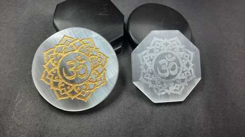 Selenite Om in Lotus Gold Engraved