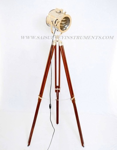 Nickel Plated Floor Spotlight With Wooden Tripod Stand ~ Collectible Indoor Decor Light