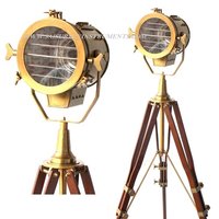 Vintage Look Designer Searchlight with Wooden Tripod Stand Collectible Brown Antique Spotlight