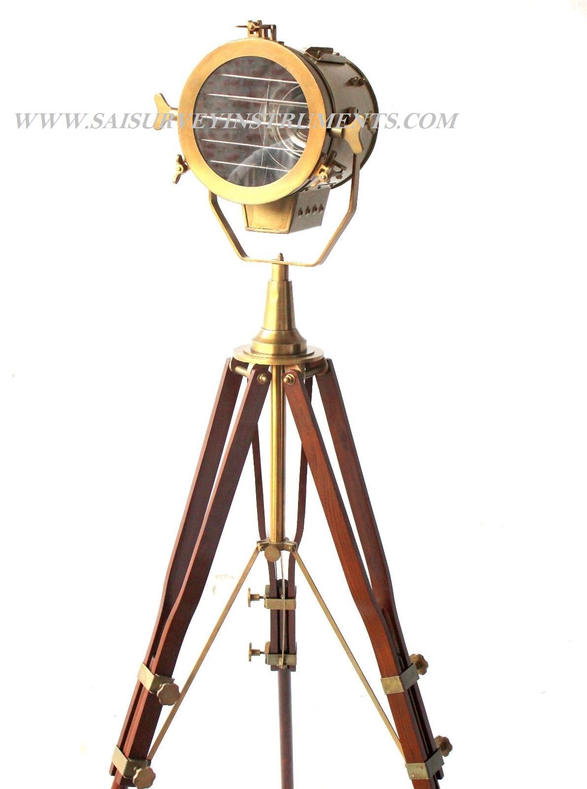 Vintage Look Designer Searchlight with Wooden Tripod Stand Collectible Brown Antique Spotlight