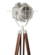Designer Hexagon Look Chrome Floor Lamp with Wooden Tripod Stand