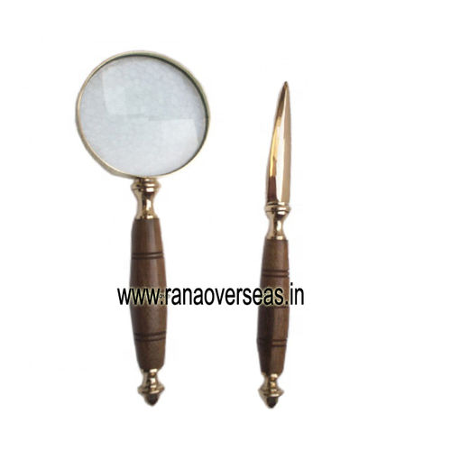 Antique Magnifying Glass & Letter Opener Set With Wood Handles