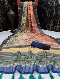 Digital Printed Linen Saree With Kalamkari