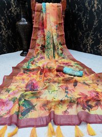 Digital Printed Linen Saree With Kalamkari
