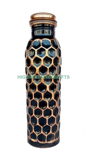 Pure Copper Water Bottle : Antique Honeycomb Style : Perfect Ayurvedic Copper Vessel