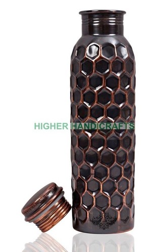 Copper Ayurvedic Bottle - 1000 ml, 22 cm Height, Polished Finish, Lacquer Protected, Round Shape, Rigid Strength, Unique Design