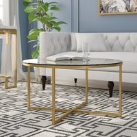 Wooden Coffee Table - 36" Round With Clear Tempered Glass Top, Chrome Or Gold-tone X-shaped Metal Frame, Supports 50 Lbs