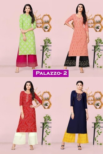 Palazzo Vol 2 Rayon Kurtis With Plazzo - Rayon, Sizes: M, L, XL, XXL, 3-4th Sleeve, Embroidered Pattern, Ethnic Party Wear | Quick Dry, Washable, Dry Clean Only