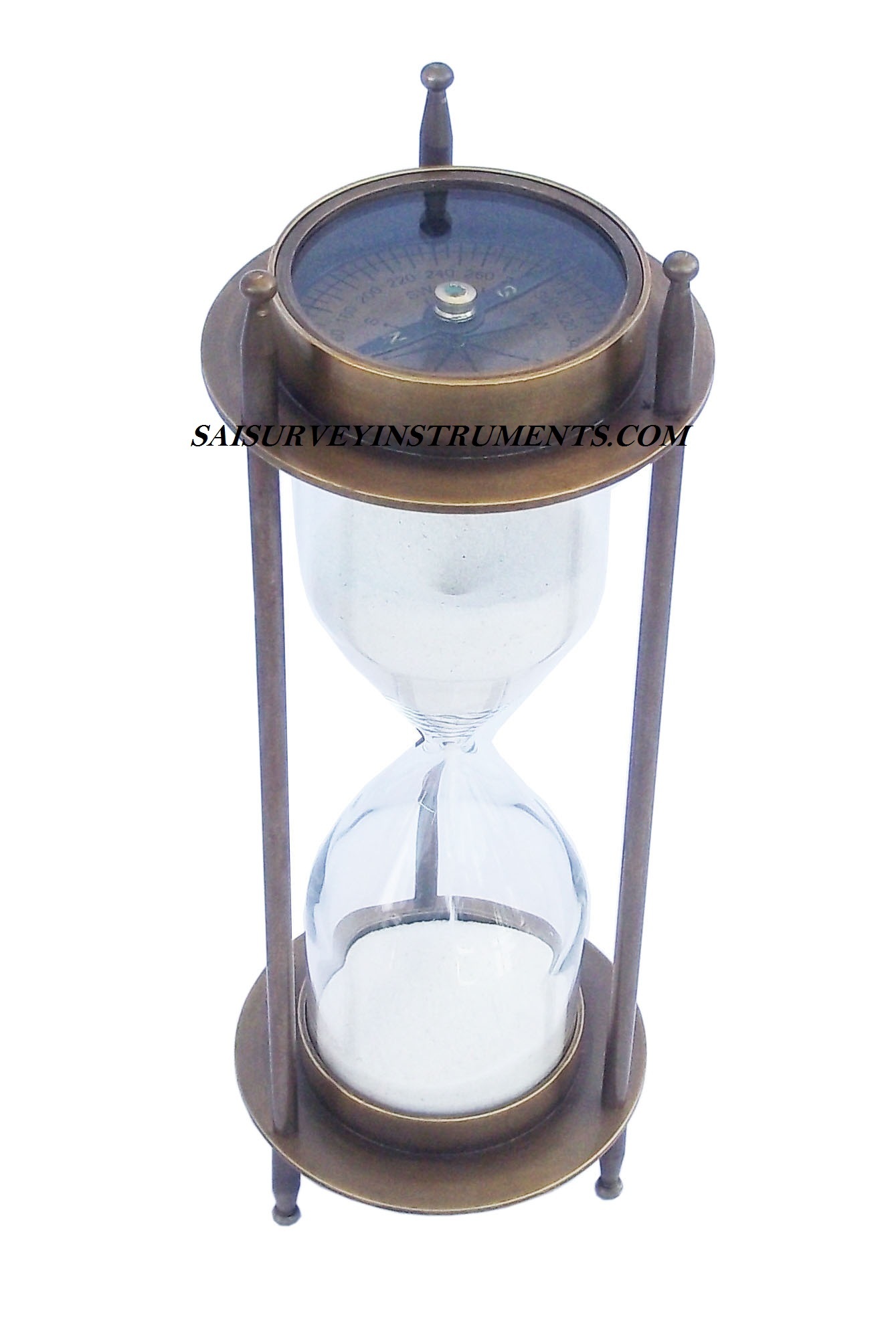 Antique Brass Sand Timer with Two Sided Compass