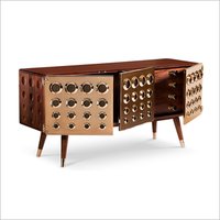 Metal Cabinet - 72x20x33 inches | Foldable Legs in Walnut or Teak Finish with Rustic Metal Grill Doors