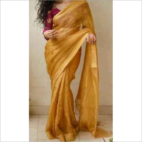Ladies Golden Brown Linen Saree