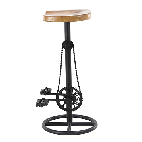 Iron Pedal and Gears Bar Stool With Wooden Seat