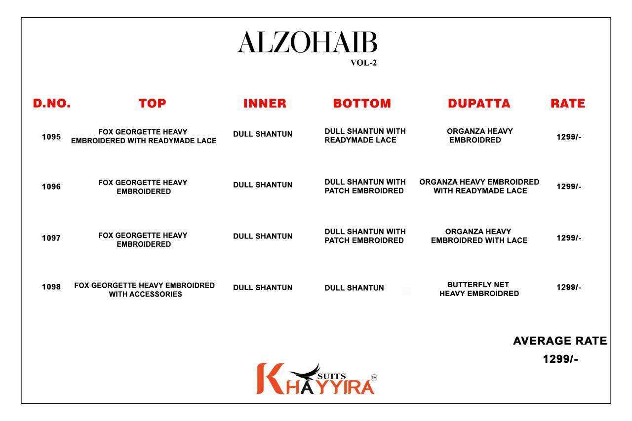 Khayyira Suits Alzohaib Vol 2 Georgette With Embroidery Work Pakistani Suit Catalog