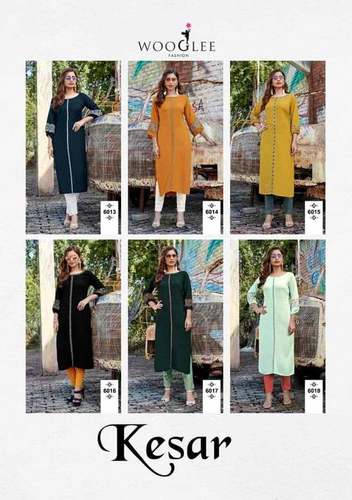 Dry Cleaning Kesar Rayon Slub Lycra Kurtis