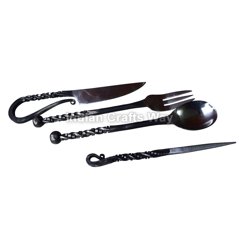 Hand Forged Medieval Iron Cutlery Set With Food Stick 