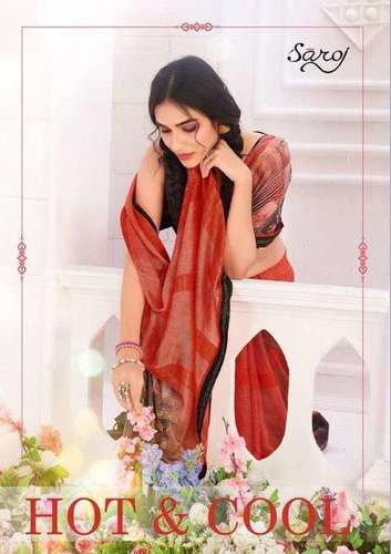 Saroj Textiles Hot And Cool Brasso Satin Patta With Swarovski Work On Border Fancy Saree Catalog
