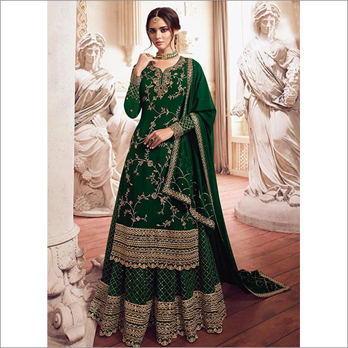 Green Golden Embroidered Designer Sharara Style Suit