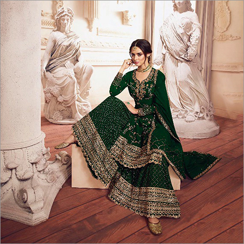 Green Golden Embroidered Designer Sharara Style Suit