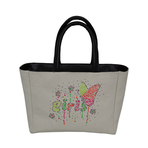 Beaded Work Polyester Lined Eva Padded Pu Handle Zip Closure Canvas Bag