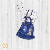 Girls White Floral T-shirt With Denim Frock - Cotton Blend, Sizes Xs-xxl | Smooth Texture, Attractive Motifs, Extreme Comfort