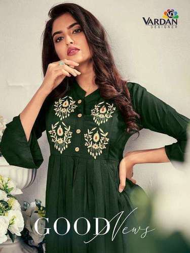 Vardan Designer Good News Rayon With Embroidery Work Kurti Catalog
