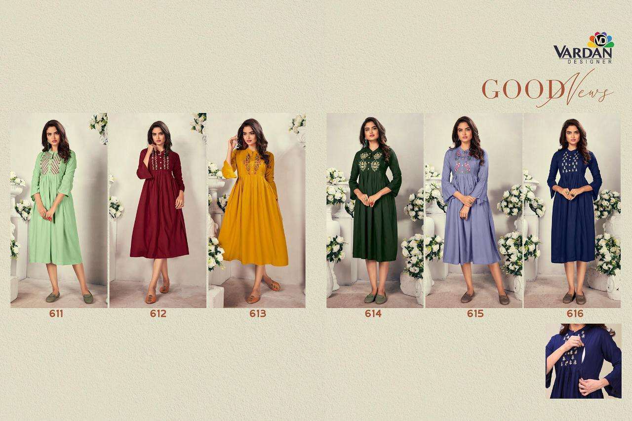 Vardan Designer Good News Rayon With Embroidery Work Kurti Catalog