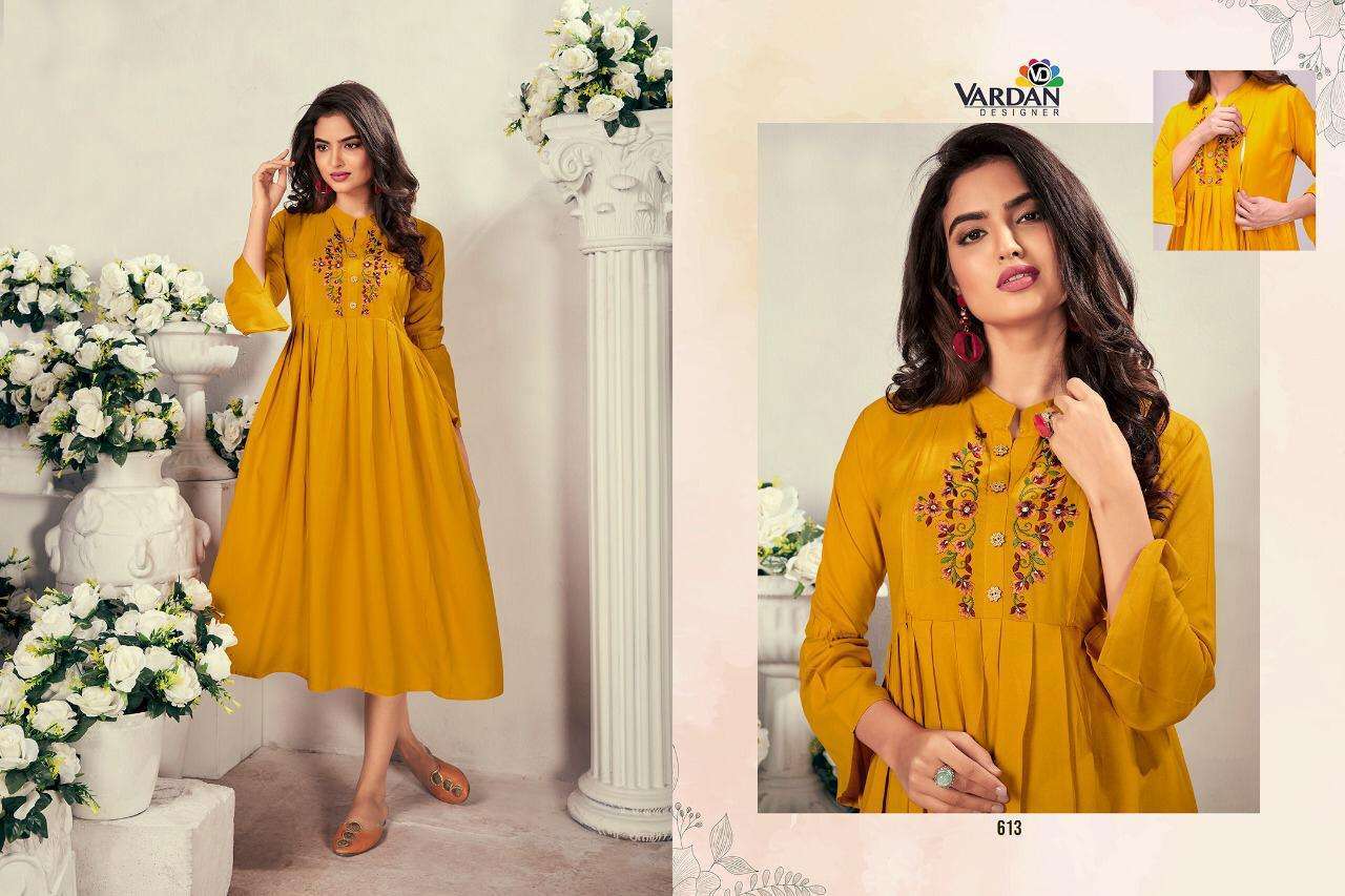 Vardan Designer Good News Rayon With Embroidery Work Kurti Catalog