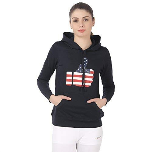 Ladies Navy Blue Poly Cotton Fleece Hooded Sports Sweatshirt