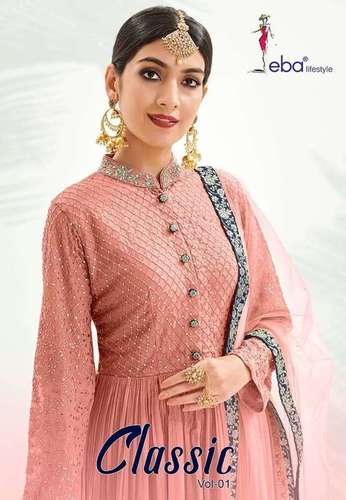 Eba Lifestyle Classic Gold Chinon With Embroidery Work With Diamond Salwar Suit Catalog