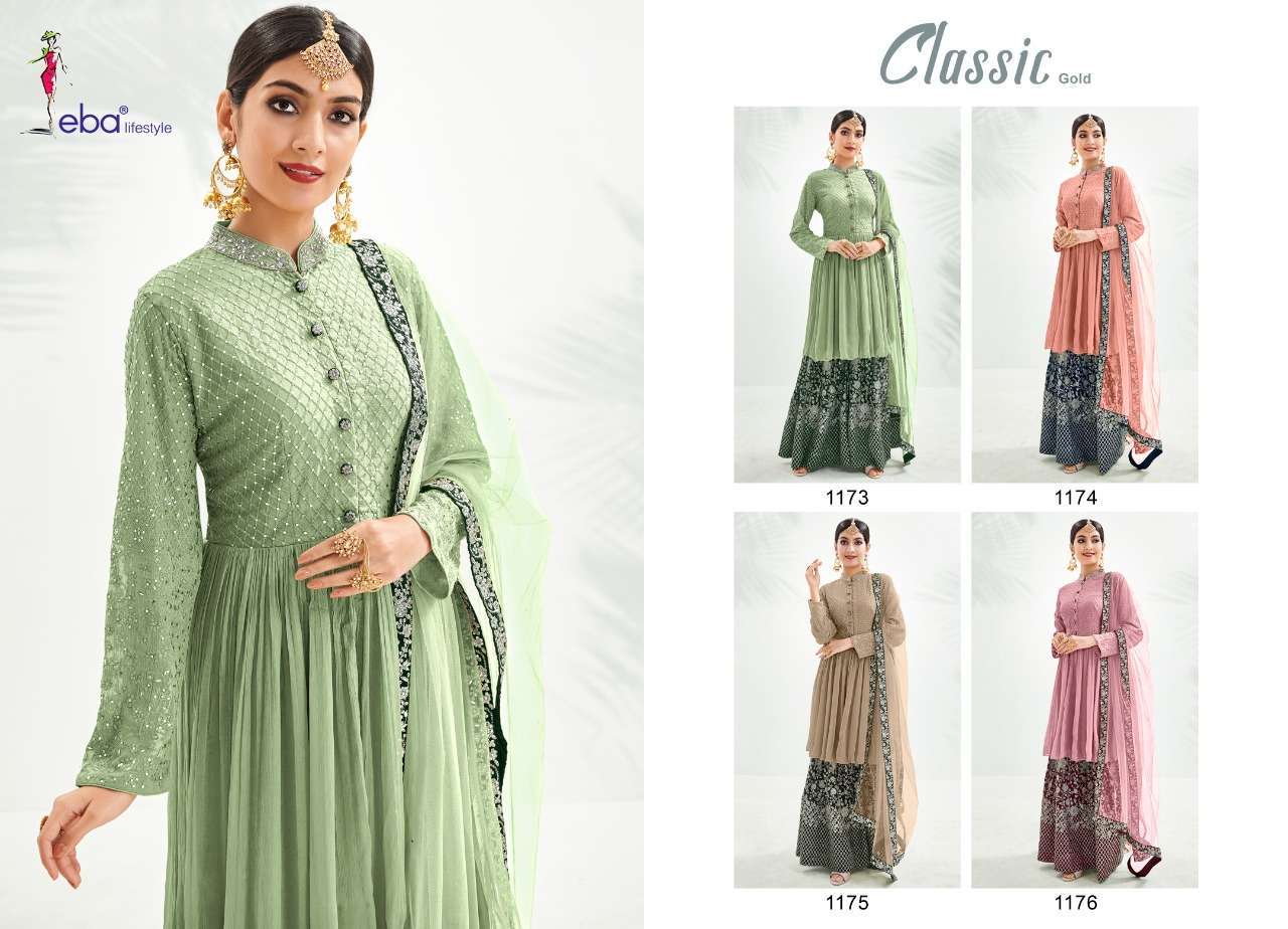 Eba Lifestyle Classic Gold Chinon With Embroidery Work With Diamond Salwar Suit Catalog