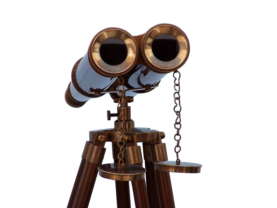 Floor Standing Admirals Antique Brass Binoculars with Wood Stand