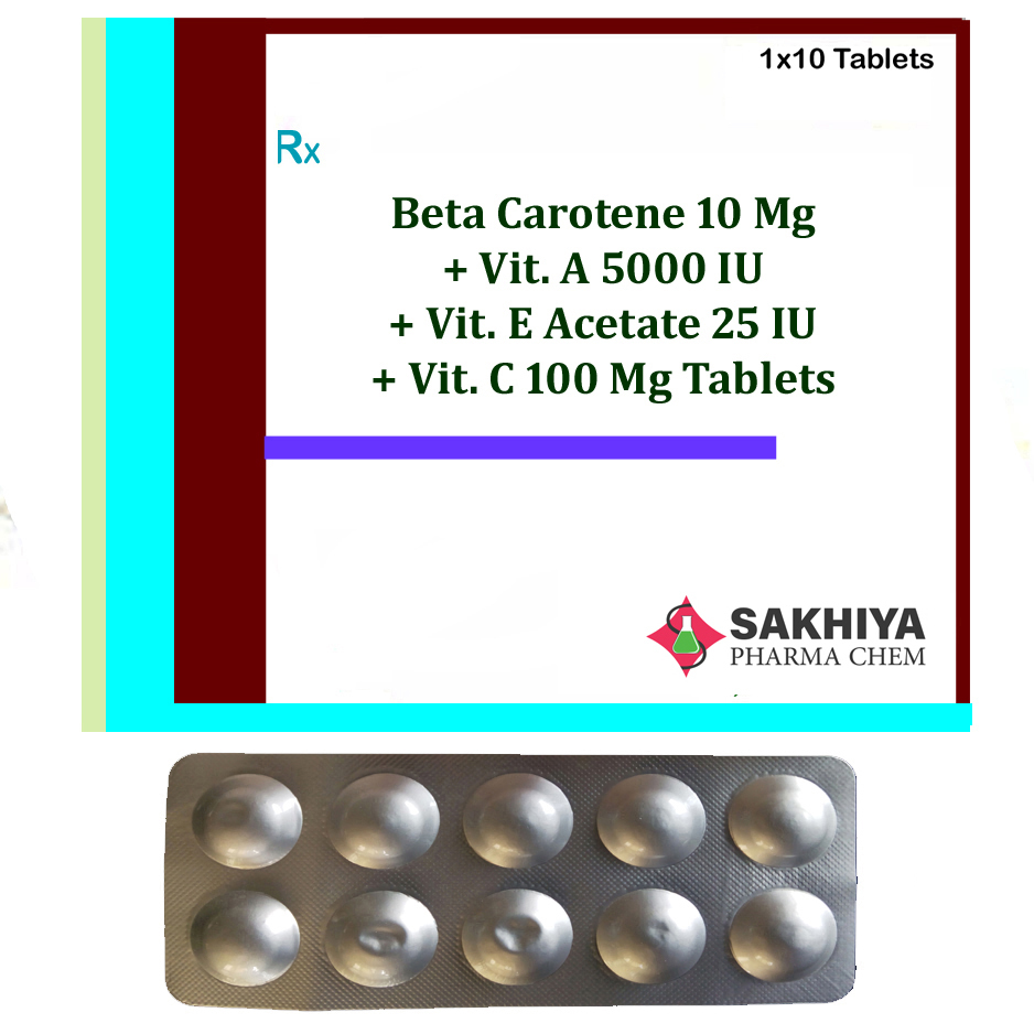 Beta Carotene 10mg + Vit. A 5000 Iu+ Vit. E Acetate 25 Iu + Vit. C 100mg Tablets